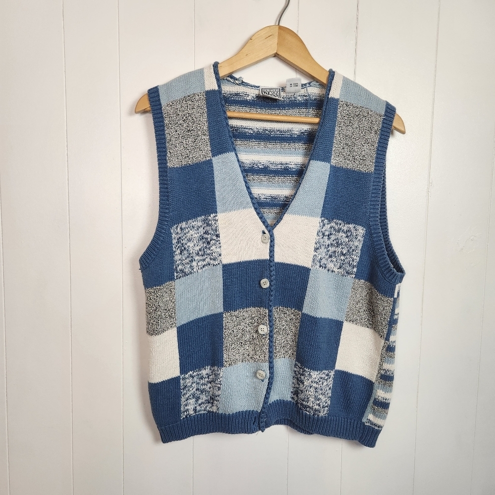 Vintage 90s Patchwork Blue Knit Sweater Vest Cardigan Size Large Cottagecore - Picture 1 of 7